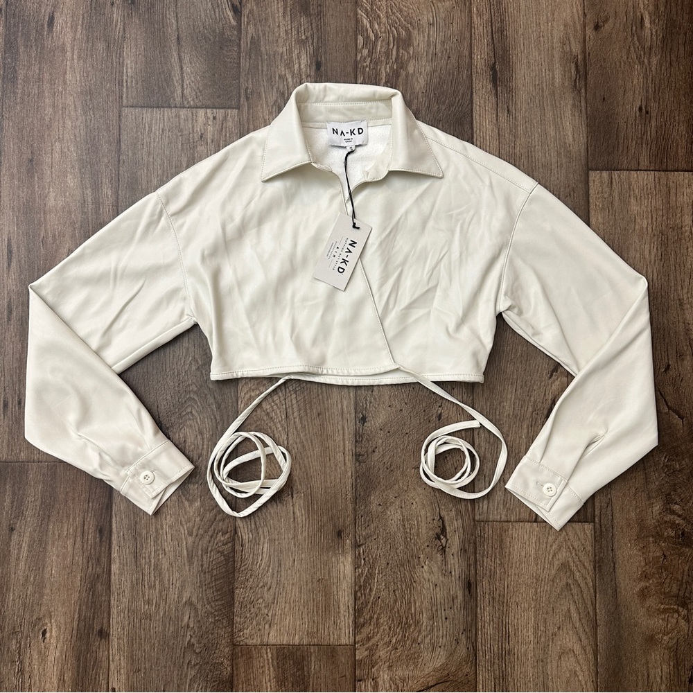 NA-KD Faux Leather Overlap Cropped Top Womenโs Size 36 White